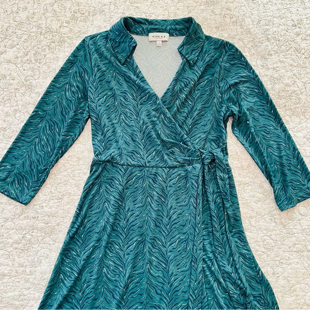 Gilli Teal/Navy Patterned 3/4 Sleeve Wrap Dress Career Business Sophisticated